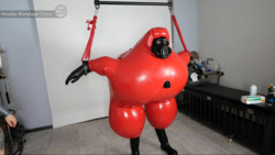 Anal blame with red inflatable suit restraint!